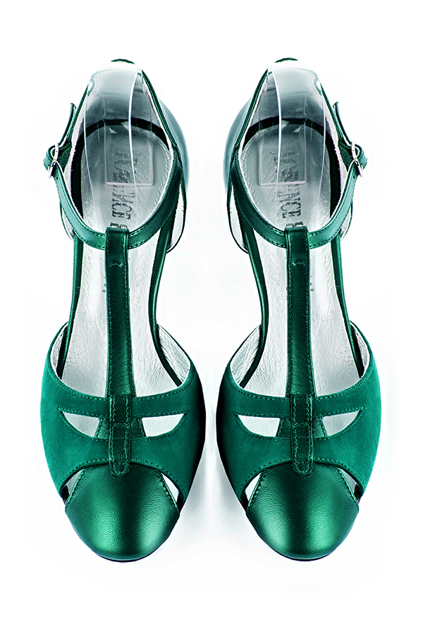 Emerald green women's T-strap open side shoes. Round toe. Medium slim heel. Top view - Florence KOOIJMAN